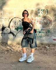 Jeansshorts mit amerikanischem Pentagramm-Quasten-Patch - 1681