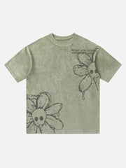 T-shirt rétro américain avec motif tête de mort et fleurs