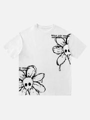 T-shirt rétro américain avec motif tête de mort et fleurs
