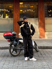 Strickjacke im amerikanischen Stil mit Farbblockierung und Reißverschluss, locker gestrickt-1509