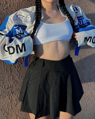 Kurze Rennjacke aus PU-Leder mit Abzeichen – 1631