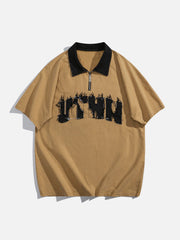 Polo-T-Shirt mit besticktem Denim-Patch und Batikmuster