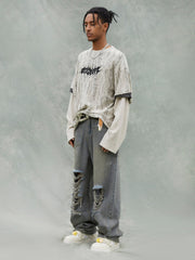 Fake Zweiteiliges T-Shirt aus Wolle mit Used-Look und Struktur