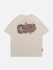 T-Shirt mit Totenkopf- und Buchstaben-Motiv aus Schaumstoff