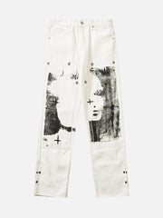 Weiße Straight Jeans mit Graffiti-Print -1184