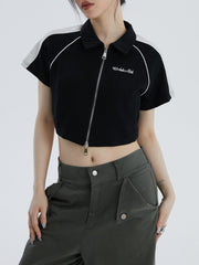Lapel Zipper Colorblock Tee