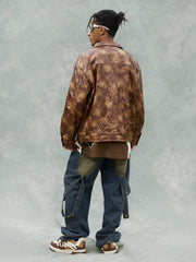 Braune Slim Fit-Lederjacke mit Falten