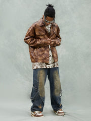 Braune Slim Fit-Lederjacke mit Falten