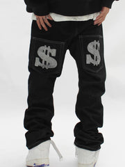 Schwarze Baggy-Jeans mit Dollar-Aufdruck und Buchstaben-1024