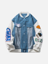 Veste de baseball patchwork en denim brodée