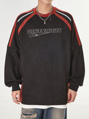 Sweat-shirt brodé patchwork bicolore contrasté raglan