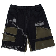 Patchwork-Jeansshorts mit unregelmäßigen Rissen -1249