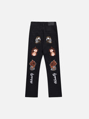 Skull Flame Monogram Embroidered Slim Fit Jeans