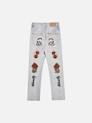 Skull Flame Monogram Embroidered Slim Fit Jeans