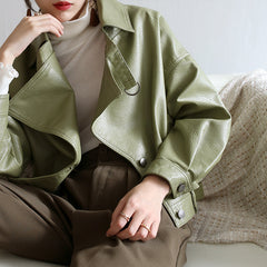 Spring Autumn Green Leather Jacket