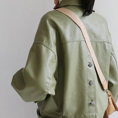 Spring Autumn Green Leather Jacket