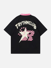 T-shirt à col polo imprimé lettres étoiles