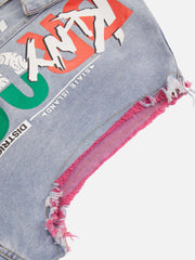 Gilet en jean déchiré imprimé graffiti hip-hop