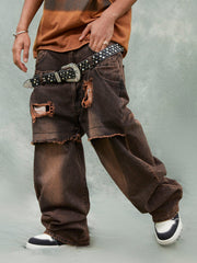 Jean déchiré style urbain à bords bruts et double plaque