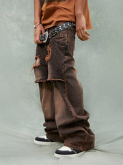 Jean déchiré style urbain à bords bruts et double plaque