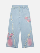 Tie-dye Butterfly Embroidered Raw Edge Jeans