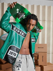 Vintage Biker Style Embroidered Leather Jacket - 1746