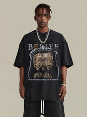 T-shirt ras du cou à manches courtes et imprimé Jésus délavé vintage - 1903