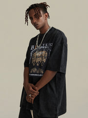 T-shirt ras du cou à manches courtes et imprimé Jésus délavé vintage - 1903