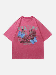 Washed Butterfly Letter Print Tee