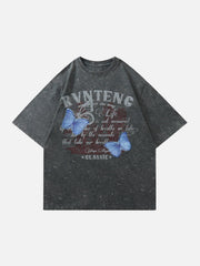 Washed Butterfly Letter Print Tee