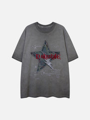 T-Shirt aus gewaschenem Distressed-Denim mit aufgesticktem Stern