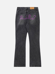 Washed Distressed Letter Embroidered Jeans