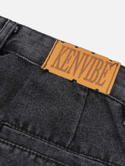 Washed Distressed Letter Embroidered Jeans