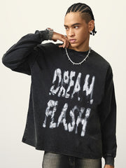 Washed Distressed Letter Printed Round Neck Long Sleeve T - 1899