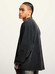 Washed Distressed Letter Printed Round Neck Long Sleeve T - 1899