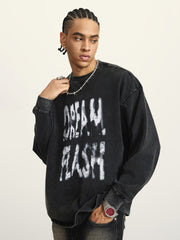 Washed Distressed Letter Printed Round Neck Long Sleeve T - 1899