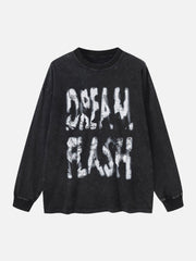 Washed Distressed Letter Printed Round Neck Long Sleeve T - 1899