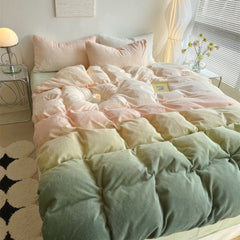 Pastel Peachy to Green Gradient Fleece Bedding Set