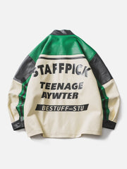 Veste en cuir à col montant et épissure contrastée