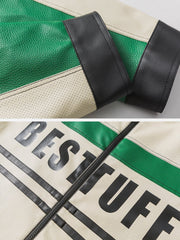 Veste en cuir à col montant et épissure contrastée