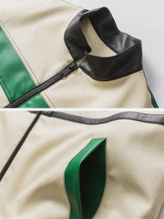 Veste en cuir à col montant et épissure contrastée