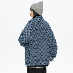 Veste à revers en denim à pompons et motif échiquier