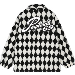 Manteau d'hiver en sherpa avec broderies Diamond Grid Patch