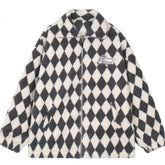 Diamond Grid Patch Embroidery Sherpa Winter Coat