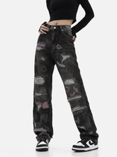 Graffiti Embroidered Ripped Jeans