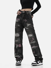 Graffiti Embroidered Ripped Jeans