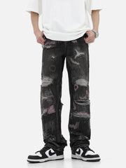 Graffiti Embroidered Ripped Jeans