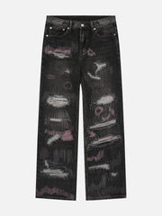 Graffiti Embroidered Ripped Jeans
