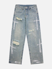 Hand Painted Cross Hole Jeans
