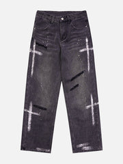 Hand Painted Cross Hole Jeans